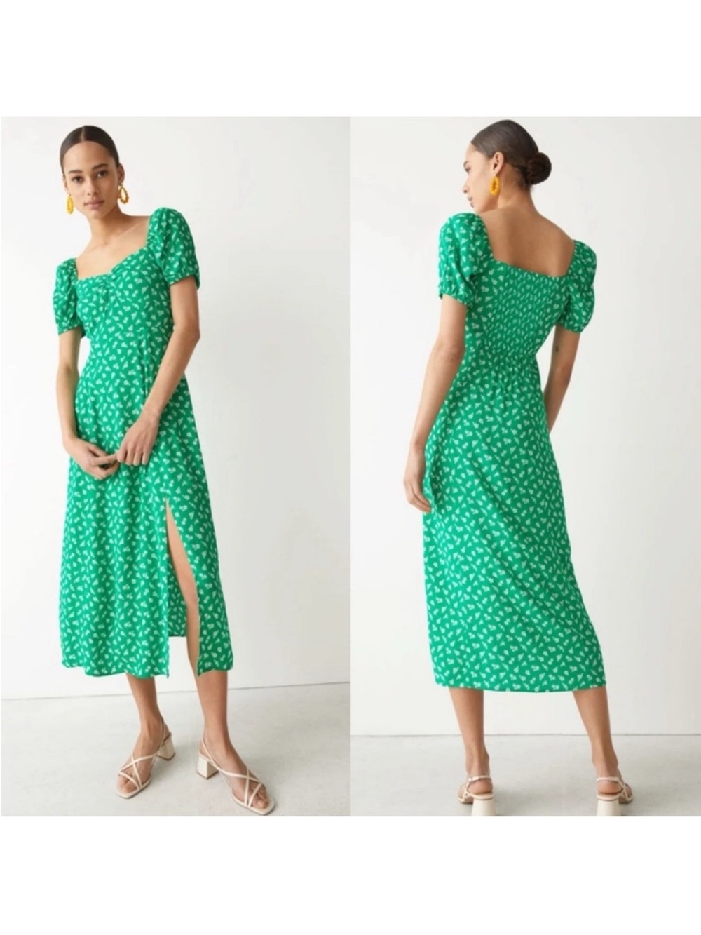 & Other Stories Green Floral Flowy Puff Sleeve Dress (size 6) - Picture 2 of 5